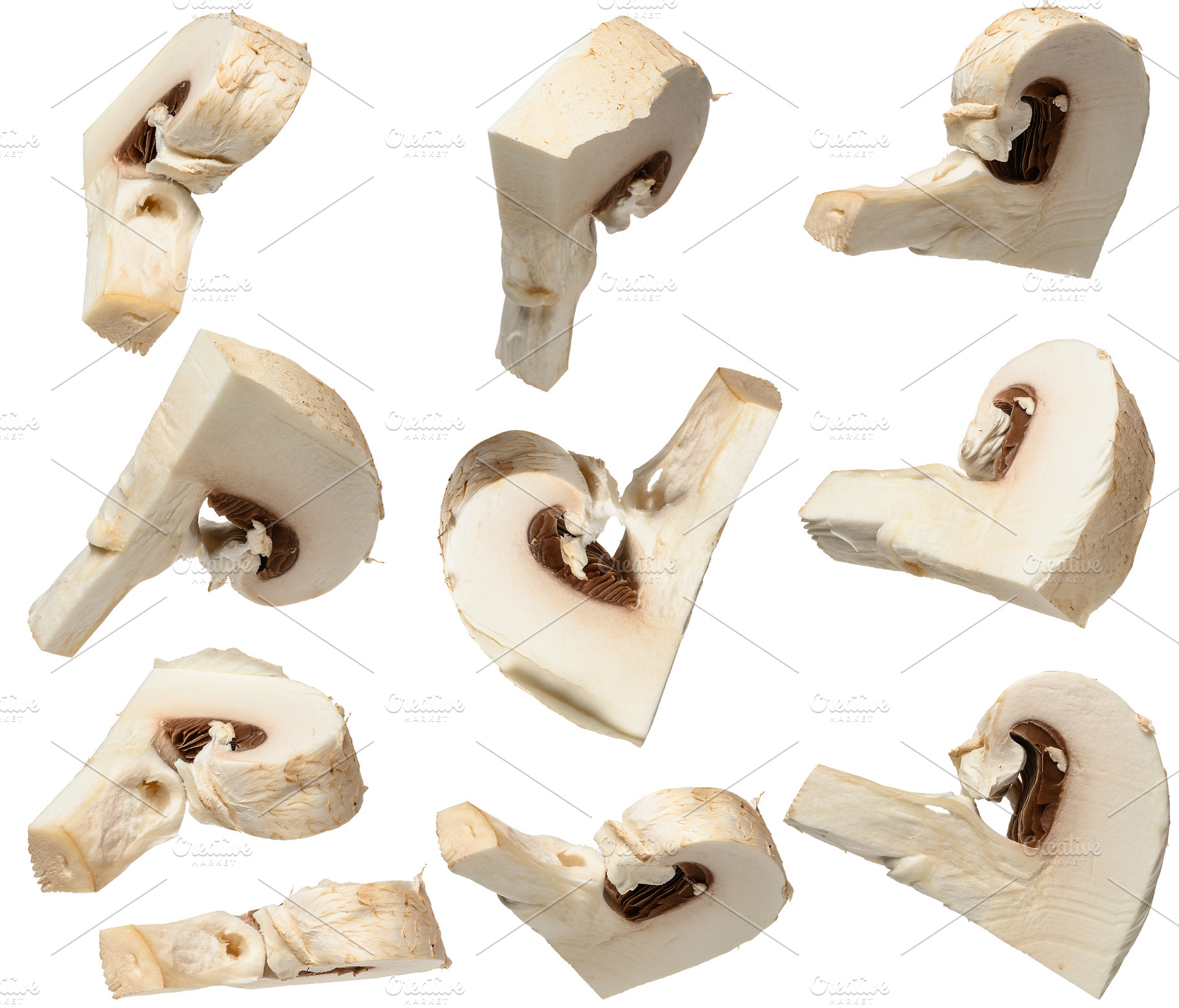 Slice of raw white champignon on isolated background, a Food & Drink Photo by ndanko