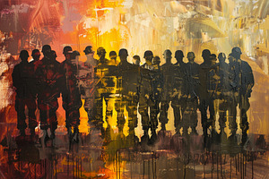 Silhouettes of soldiers create a pow, a Photo by Tanuart