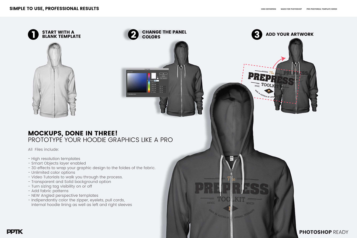 Mens Ghosted Zip Hoodie Templates, a Hoody Mockup by PrePress Toolkit (Photo 4 of 7)