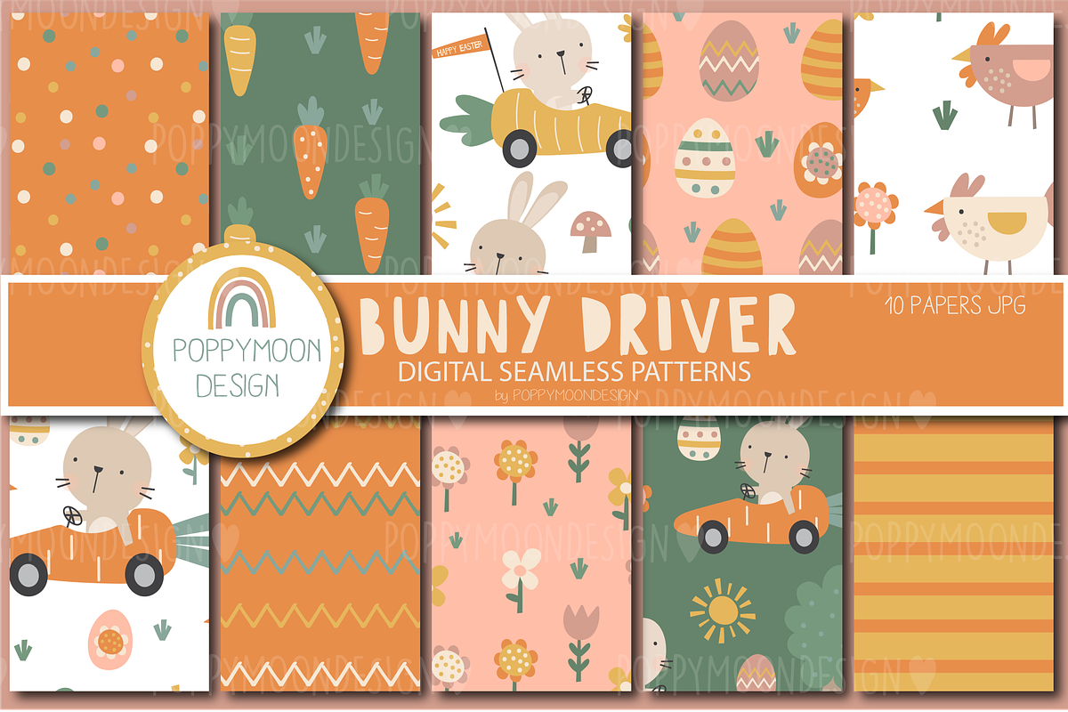 Bunny Driver clipart & paper set, a Pattern Graphic by Poppymoondesign (Photo 3 of 7)