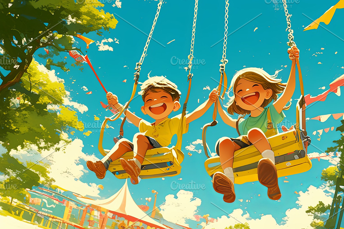 Two joyful children enjoying a swing ride on a bright sunny day, an Illustration by AS photostudio