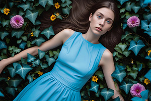 Woman Lying in Ivy with Flowers, a Person Photo by Stock Shape