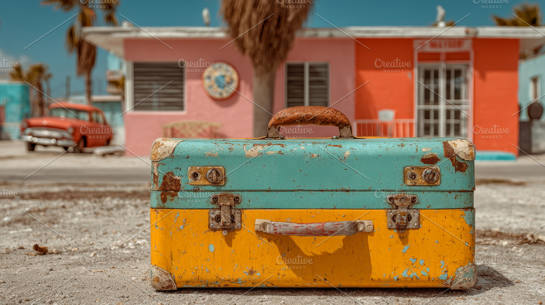 Vintage travel suitcase on a colorful street scene with palm tre, a Photo by AS photostudio