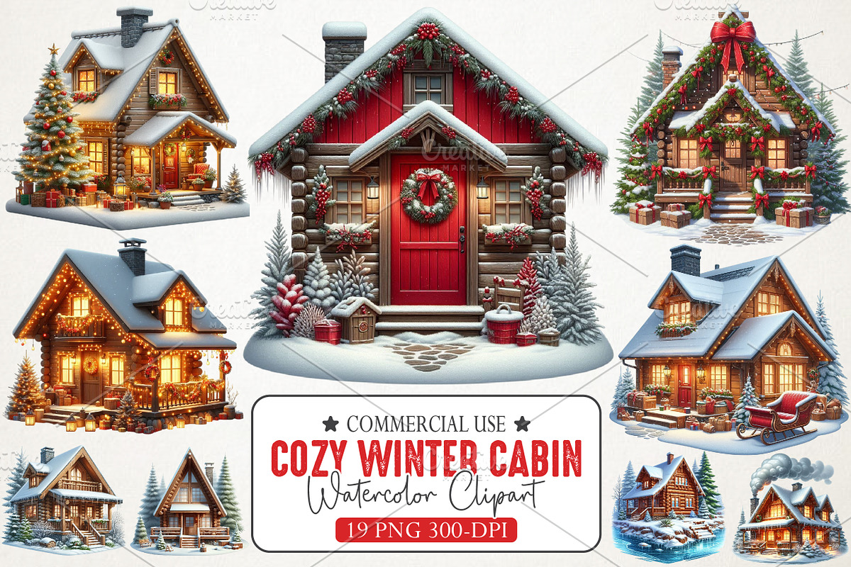 Cozy Winter Cabin Watercolor Art, an Illustration by RobertsArt (Photo 1 of 4)