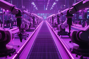 A futuristic factory floor featuring robotic arms working in unison under vibra, an Arts & Entertainment Photo by Textures & Backgrounds
