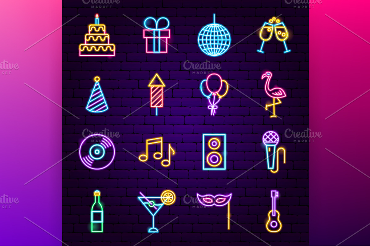 Happy Birthday Vector Neon Icons, an Outline Icon by Anna_leni (Photo 2 of 8)