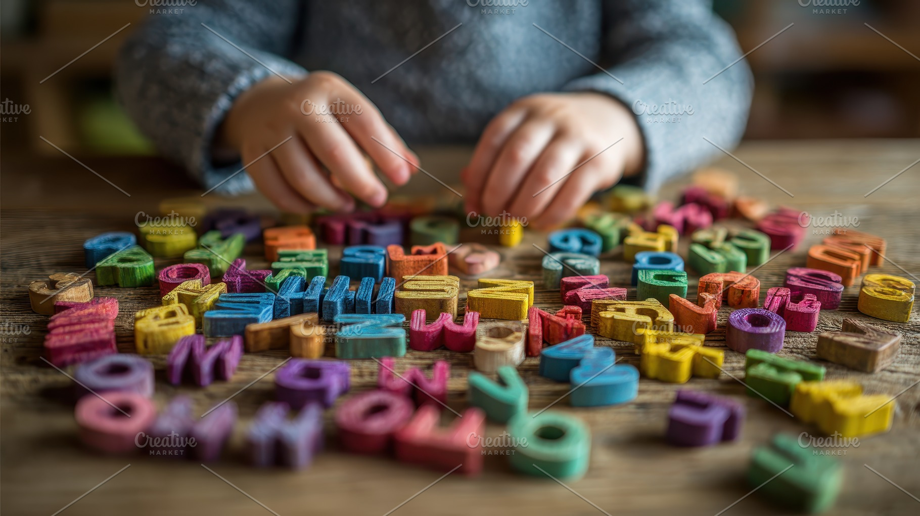 Child playing with colorful alphabet, a Photo by Pixeness Studio