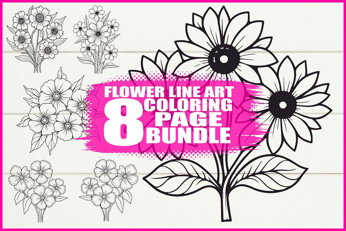 Flower Line Art Coloring Pages Set, an Illustration by jahid234 (Photo 1 of 9)