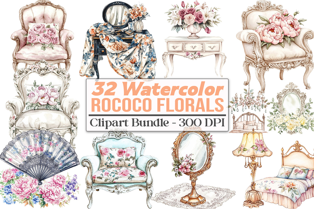 Watercolor Rococo Florals Clipart, an Illustration by DreamCafeArt (Photo 1 of 5)