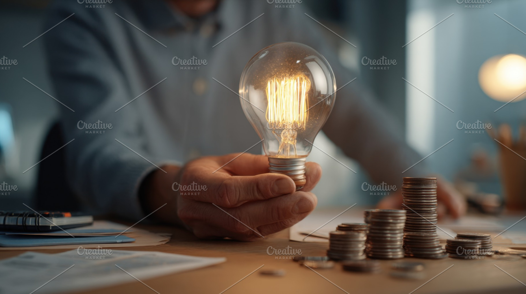 Light bulb and coins on a table, a Photo by Beautiful things