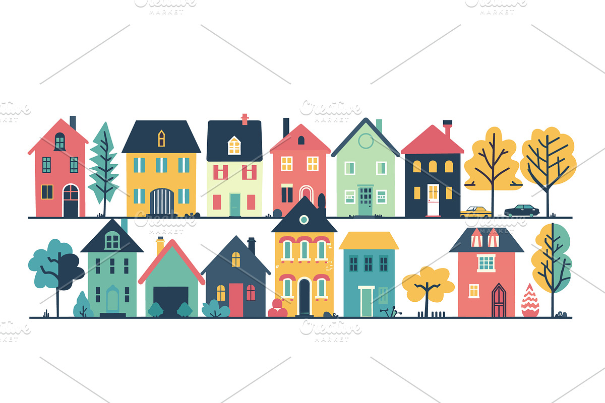 Colorful cartoon suburban houses, an Object Illustration by Vectorstockersland