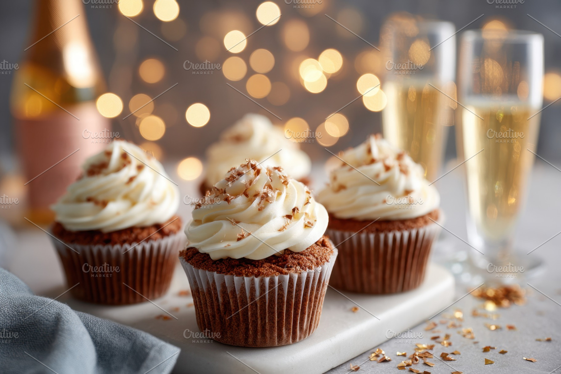 Festive cupcakes decorated for christmas holiday on blurred lights background, a Food & Drink Photo by AlyaAnd