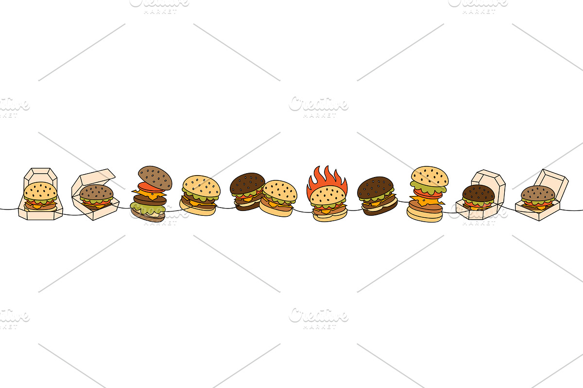 Burger set one line colored, a Food Illustration by GraphiShop