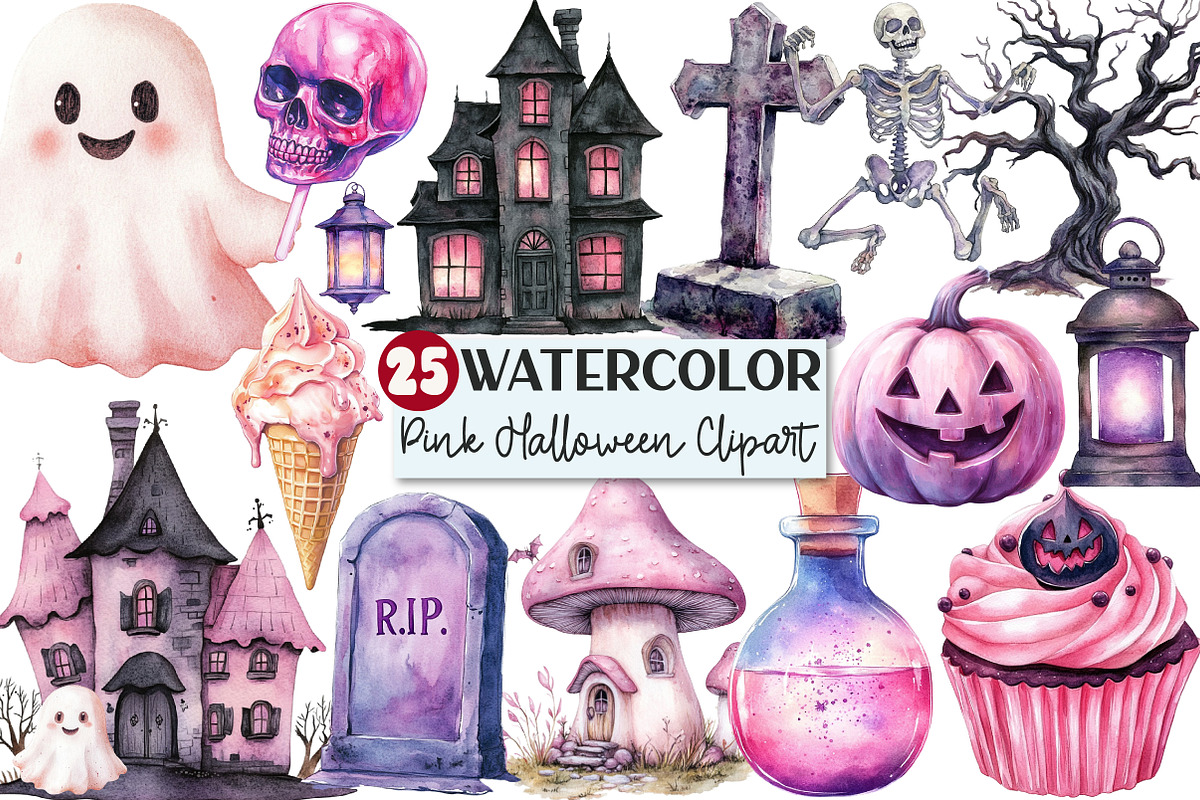 Watercolor Pink Halloween Clipart, an Illustration by Rose Art (Photo 1 of 3)