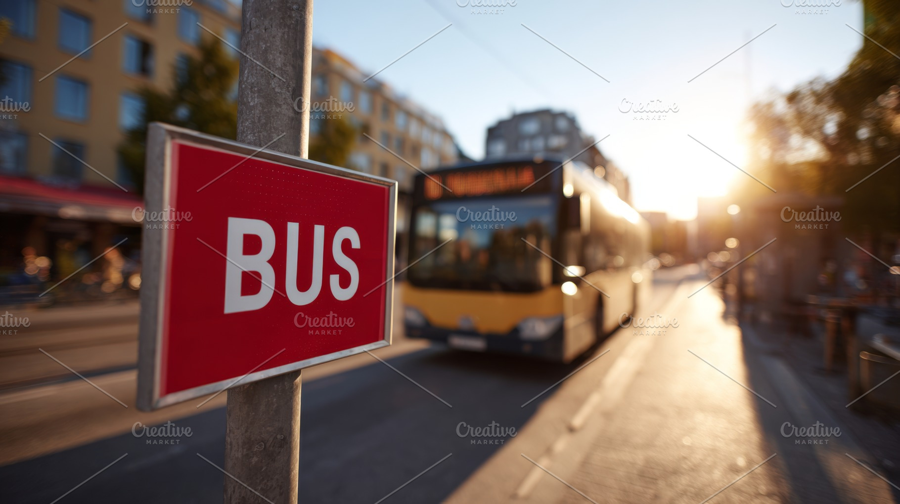 A city bus approaching a bus stop during golden hour, casting a warm glow on th, a Person Photo by ImageMir