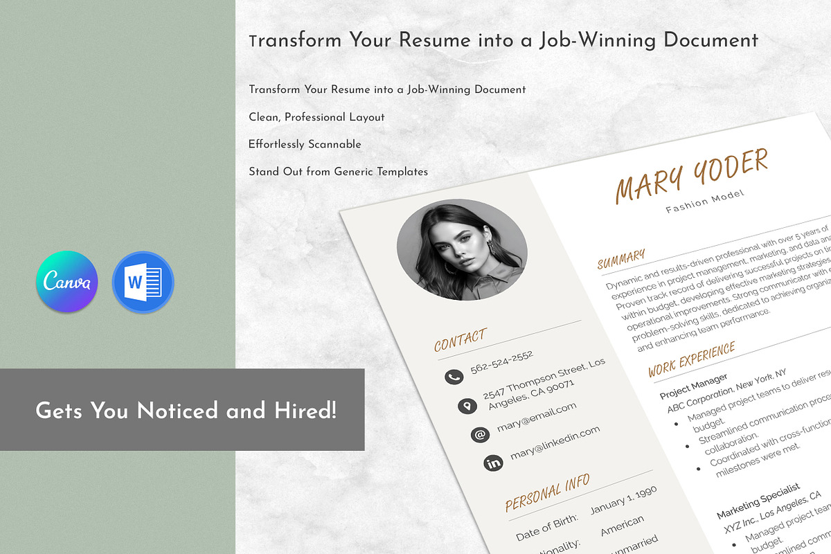 Resume / CV Template Word & Canva, a Resume Template by Anjum Ilyas (Photo 6 of 7)