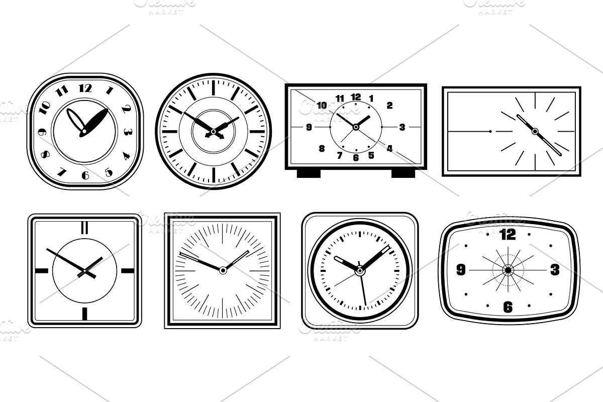 Set of clock outline. Vector table, an Object Illustration by Elegant Solution