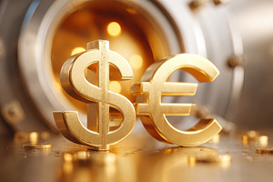 Gold dollar and euro symbols on reflective surface, a Business Photo by AlyaAnd