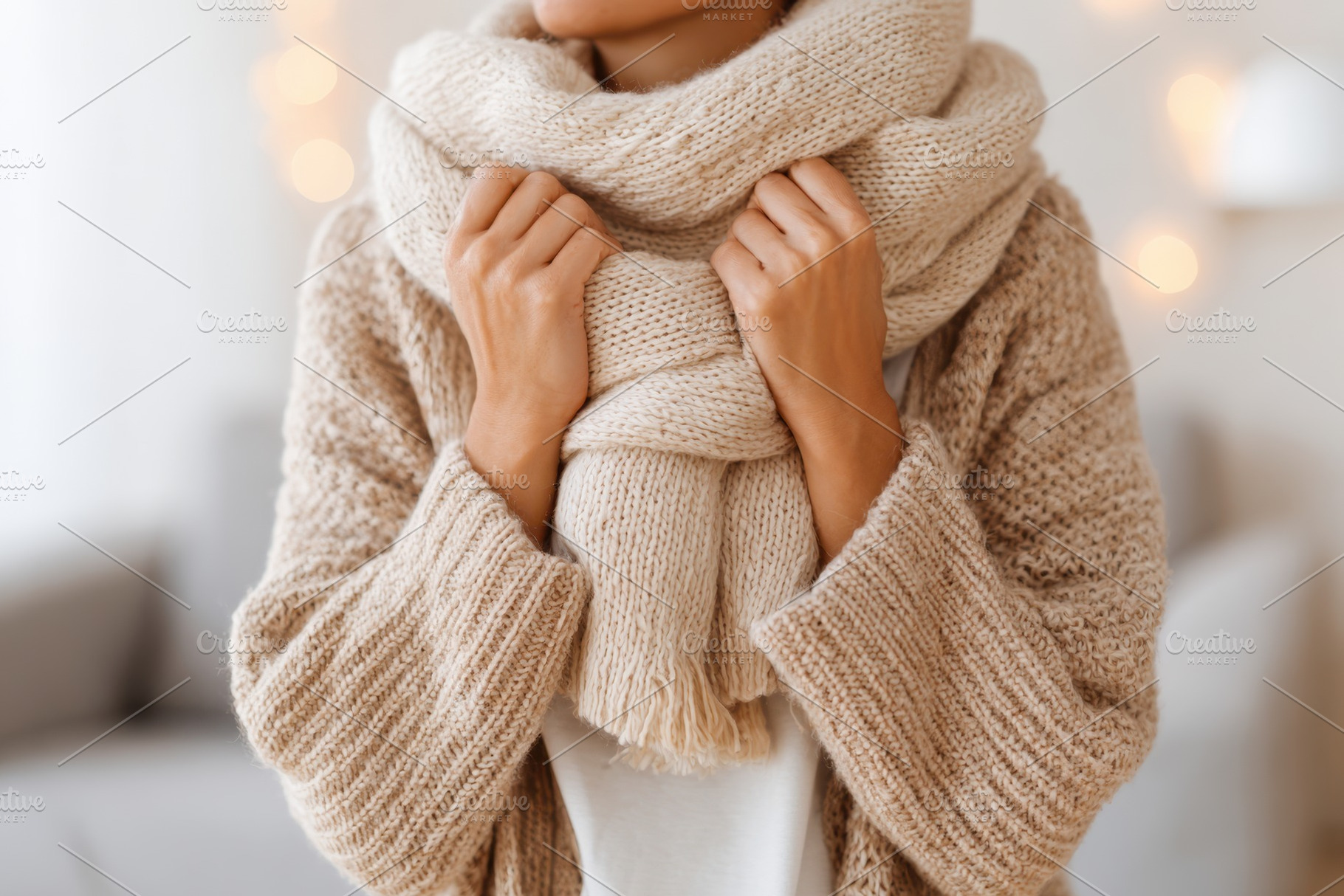 Cozy woman in beige scarf and sweater, a Beauty & Fashion Photo by AlyaAnd