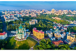 Aerial view of saint andrew church and andriyivskyy descent cityscape of, an Architecture Photo by Leonid Andronov