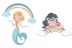 Mermaid Vector.Rainbow Girl Pattern.