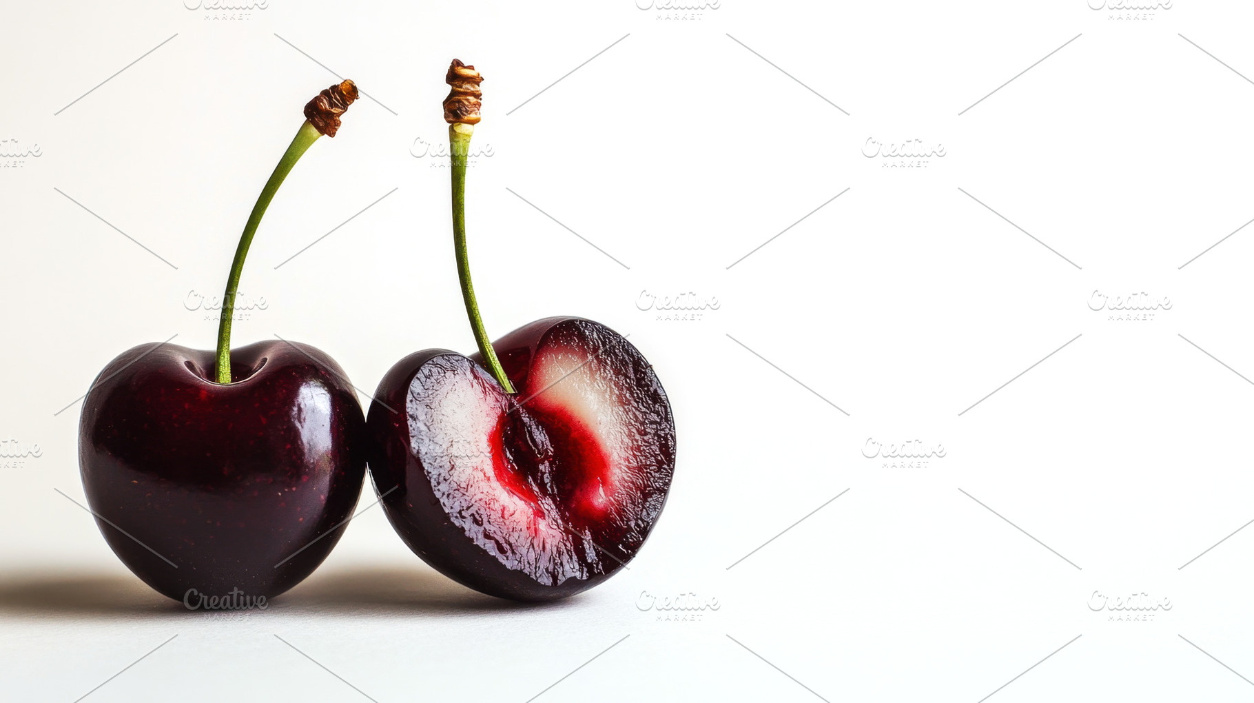Halved fresh cherries on white, a Photo by Beautiful things