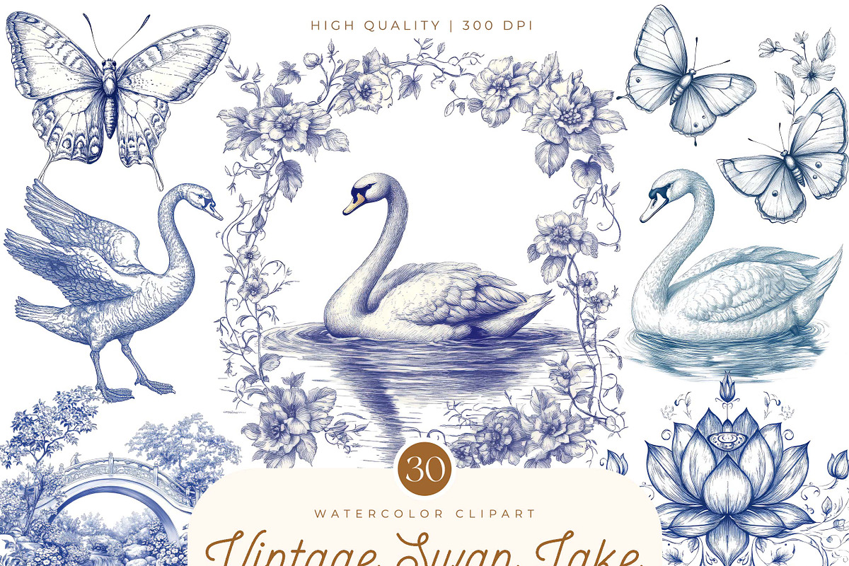 Vintage Swan Lake Clipart, an Animal Illustration by SparkyDesignsUS (Photo 1 of 9)