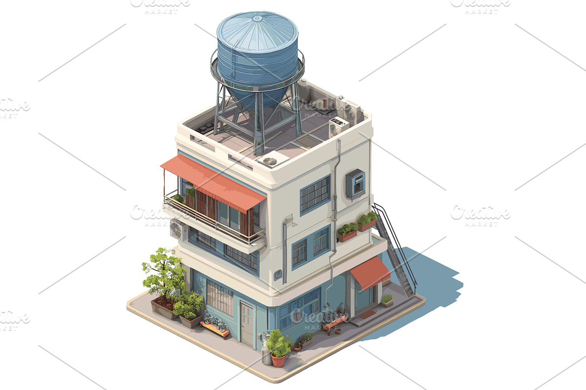 Isometric building with water tank, an Object Illustration by LadadikArt