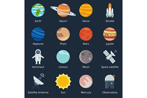 Planets Of Solar System And Different Space Tools. Icon Set In Vector Style