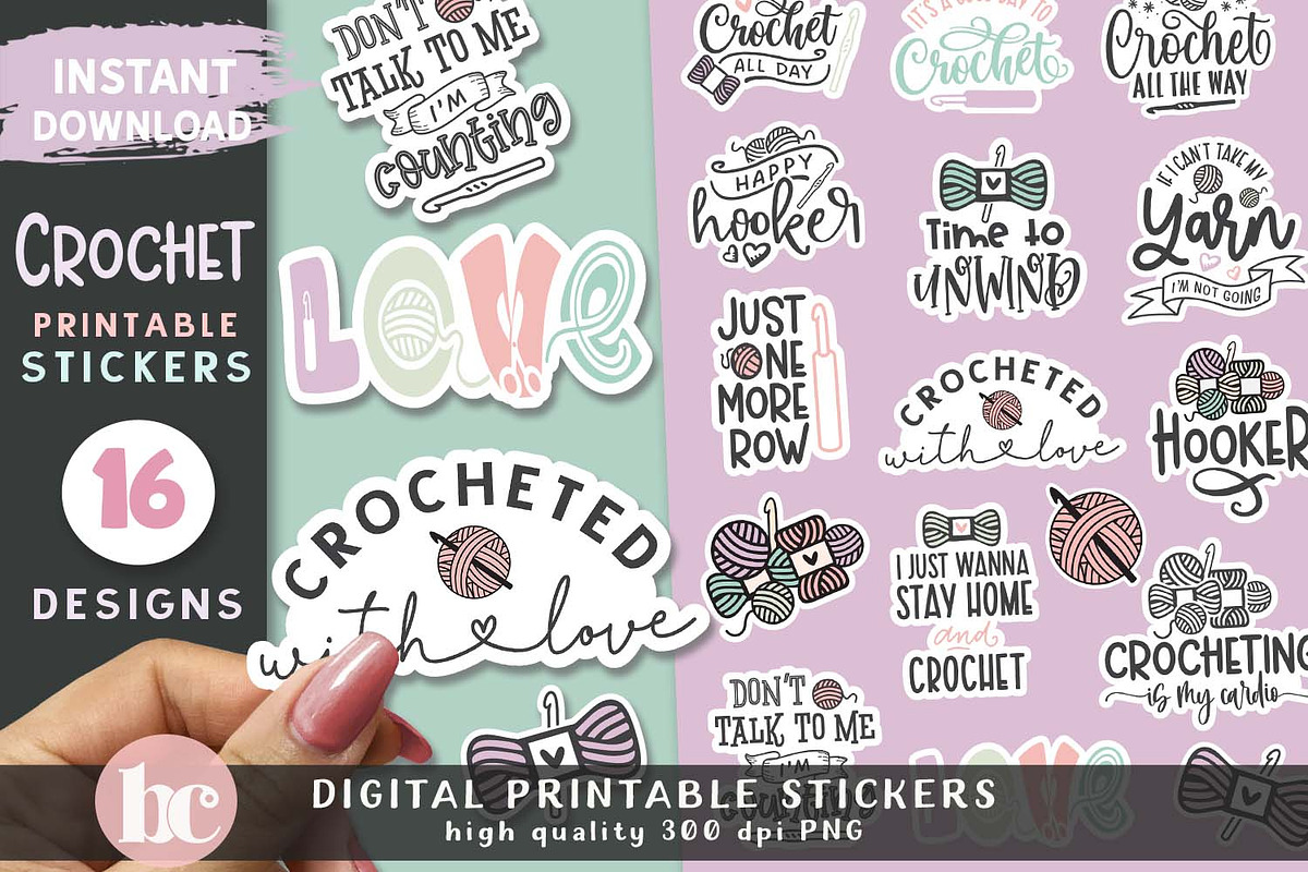 Funny Crochet Stickers Pack PNG, a Decorative Illustration by TheBlackCatPrints (Photo 1 of 3)