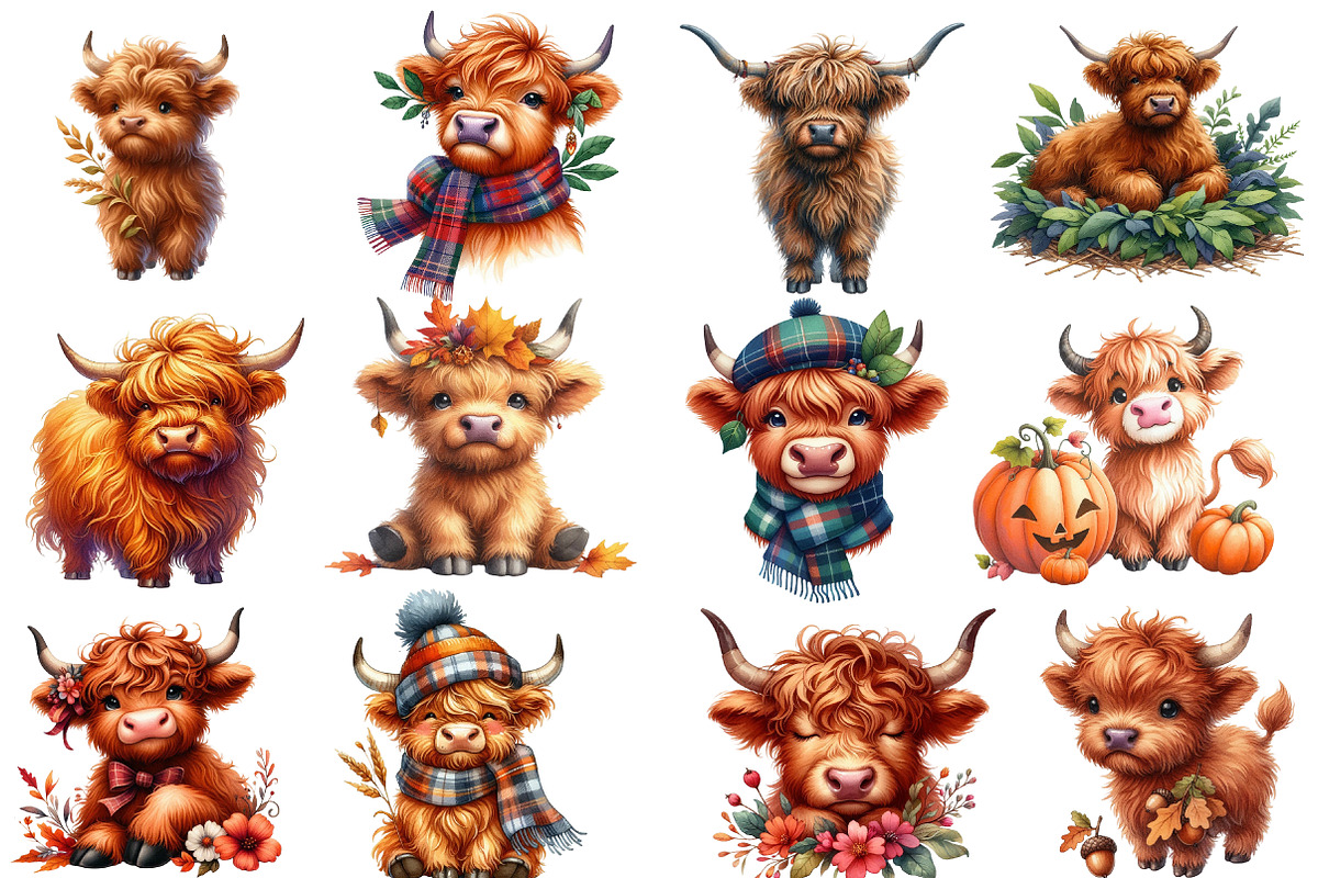 Watercolor Autumn Haighland Cow, a Seasonal Illustration by Designworld (Photo 3 of 6)