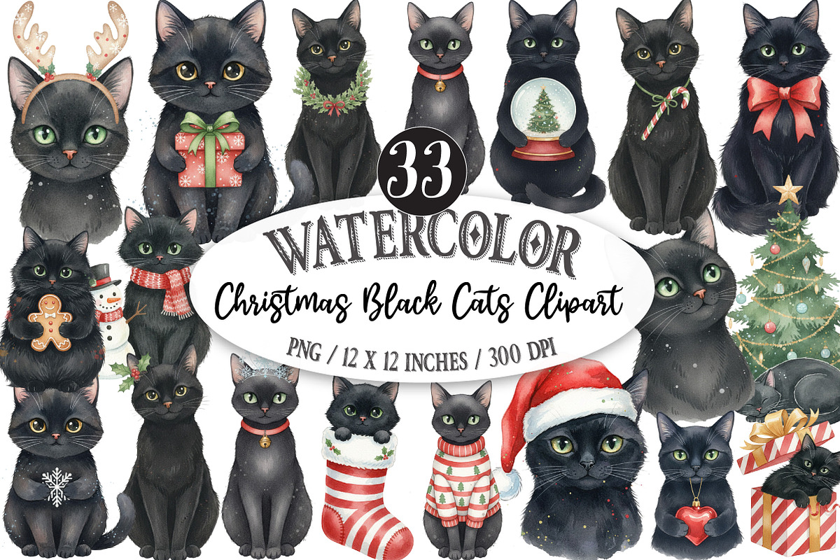 Whimsical Christmas Black Cats, an Illustration by Designking (Photo 1 of 5)