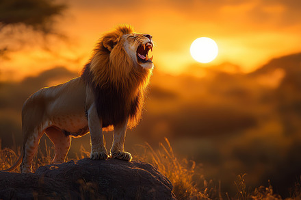 Majestic lion roars at sunset, stand, an Animal Photo by Pixeness
