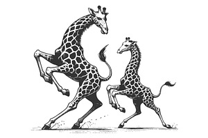 two playful giraffes rearing up, an Animal Illustration by AlexArt