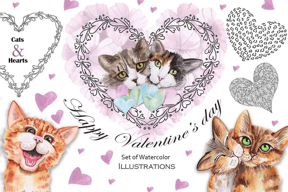 Valentine's Day Watercolor Cats, an Animal Illustration by TanataDesign (Photo 2 of 10)