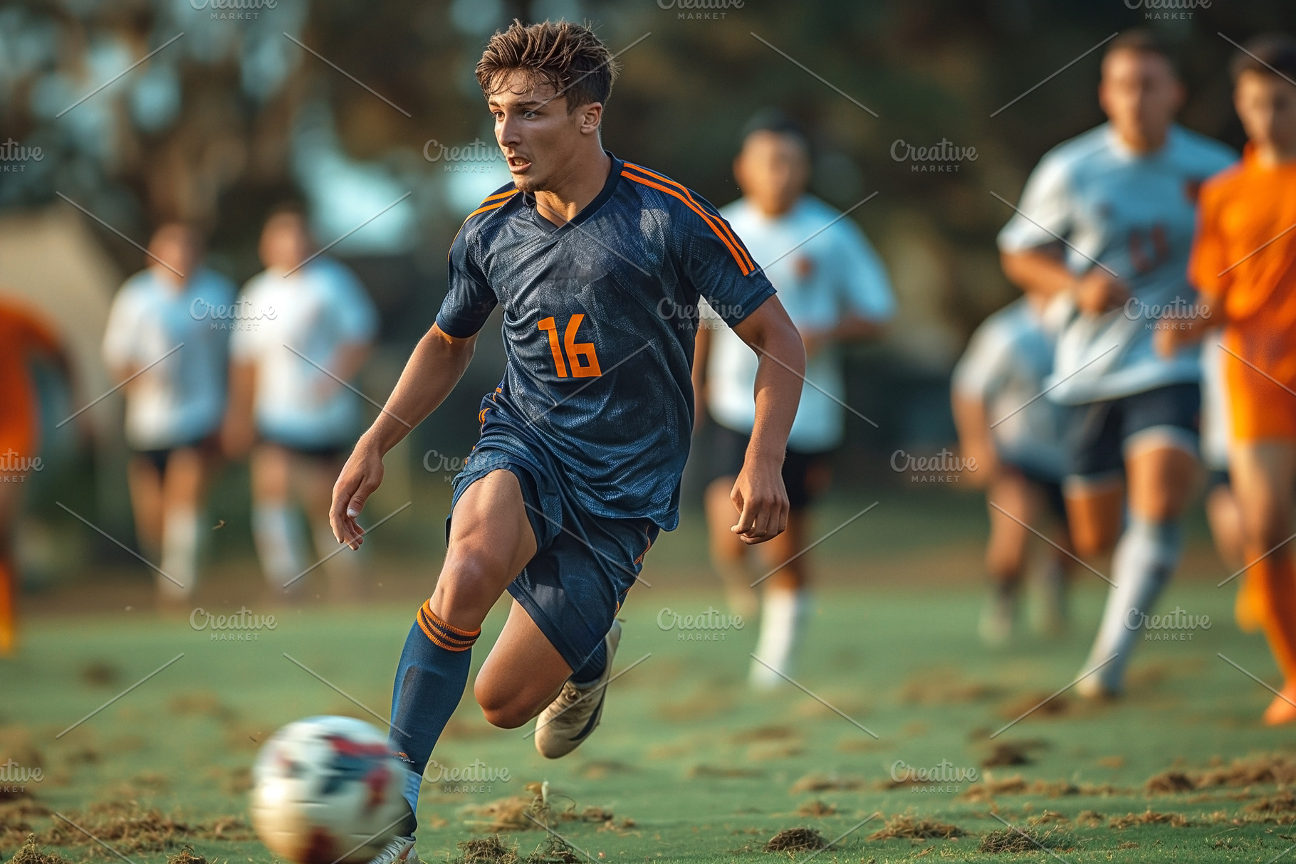 A teenage Caucasian male soccer player sprints across the field,, a Sports & Recreation Photo by ImageMir