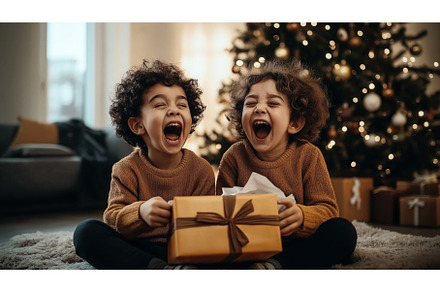 Two joyful children wearing matching, a Holiday Photo by Sergey Kotenev
