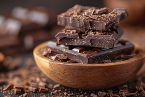 A rustic wooden bowl filled with rich dark chocolate pieces and, a Food & Drink Photo by ImageMir