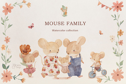 MOUSE FAMILY. Watercolor clipart