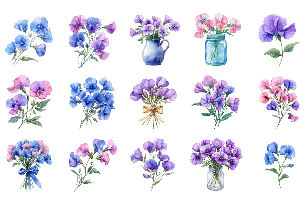 Sweet Pea Flower Clipart Bundle, an Illustration by Designking (Photo 2 of 5)