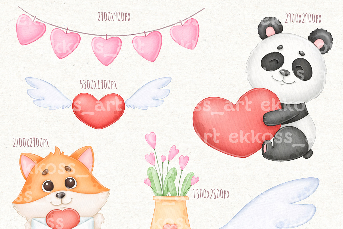 Valentines Day Watercolor Clipart, an Animal Illustration by ekossa_art (Photo 3 of 7)
