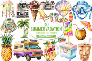 Watercolor Summer Vacation Clipart, an Illustration by Pixels.Craft