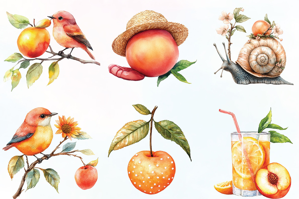 Watercolor Cute Peaches Garden Fruit, an Illustration by CraftArtStudio (Photo 3 of 6)