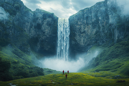 Majestic Waterfall: Three Figures Ga, a Background Photo by Pixeness