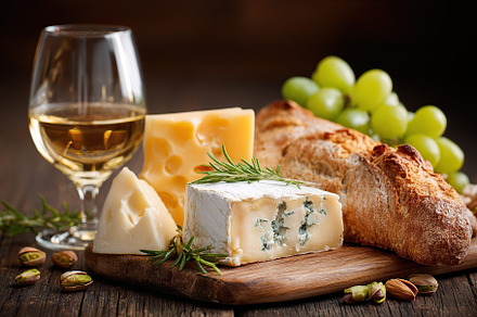 Selection of brie, cheddar, and blue cheese presented with wine and grapes on w, a Food & Drink Photo by AlyaAnd