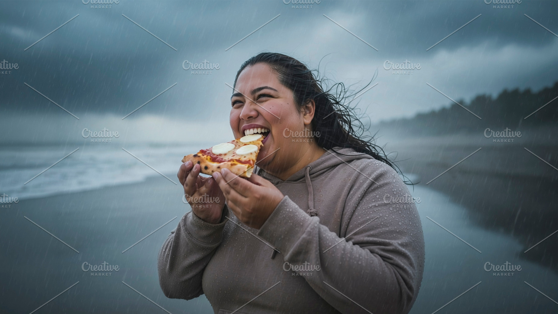 Woman eating pizza slice outdoors in rain, a Person Photo by DanFLCreativo