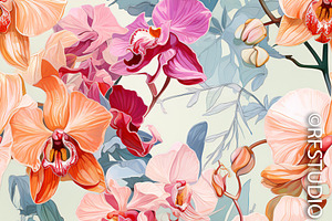 SUNLIT ORCHIDS. Seamless Bundle Of 8