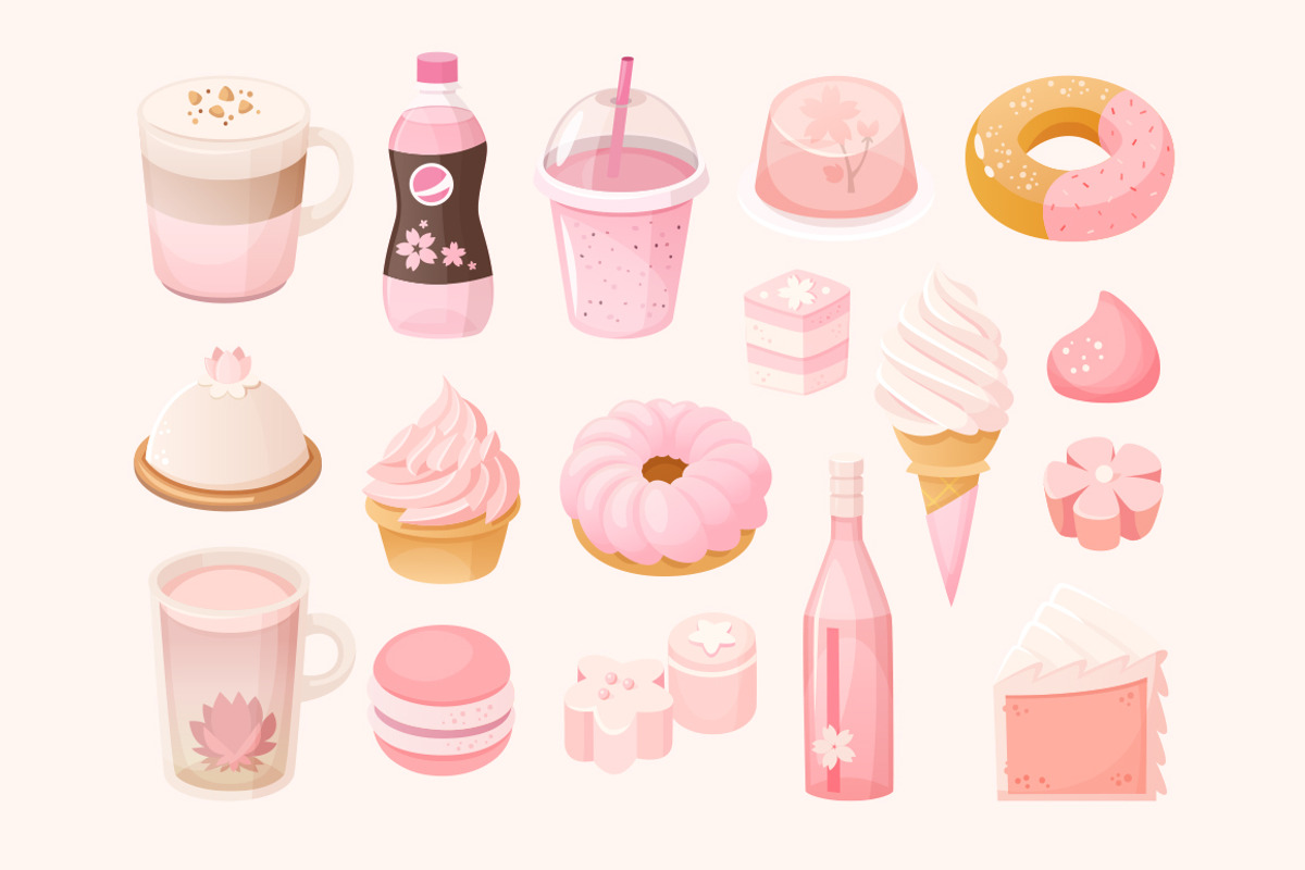 Sakura flavored Japanese desserts, a Food Illustration by Moonery's