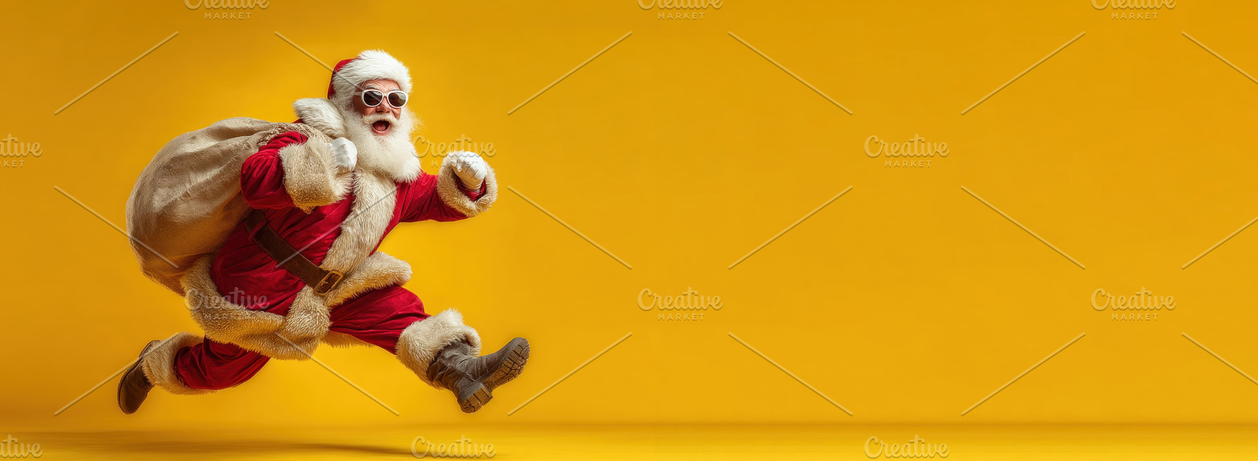 Energetic Santa Claus wearing sunglasses jumping joyfully with a, a Person Photo by José Manuel Gelpi