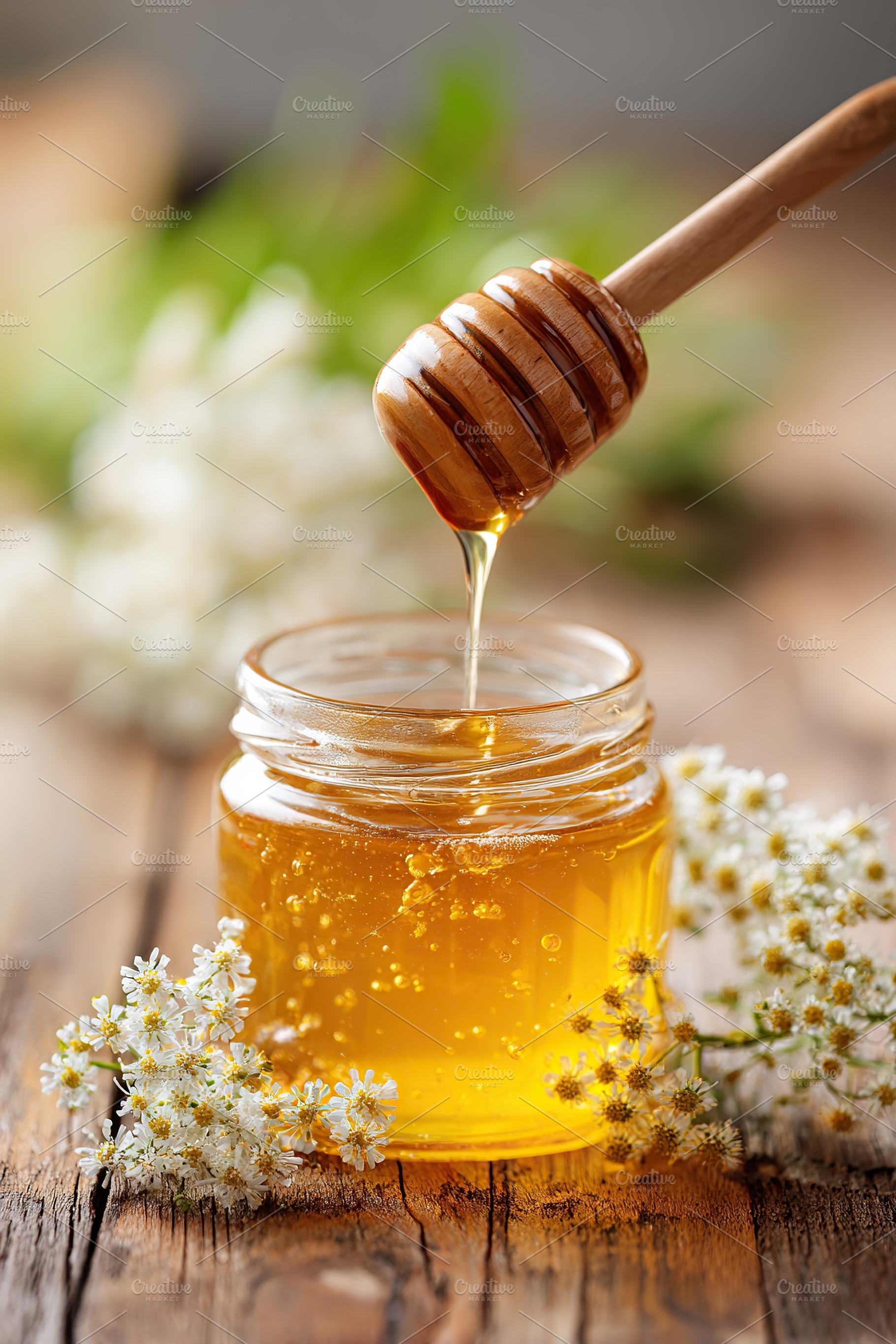 Golden honey drips from a wooden dipper into a glass jar surrounded by flowers, a Food & Drink Photo by AlyaAnd